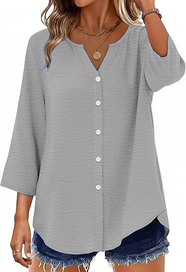 Ladies Light V-Neck Blouse Jacket with 3/4 Sleeves, Curved Hem and Continuous Button Placket Mune Fashion