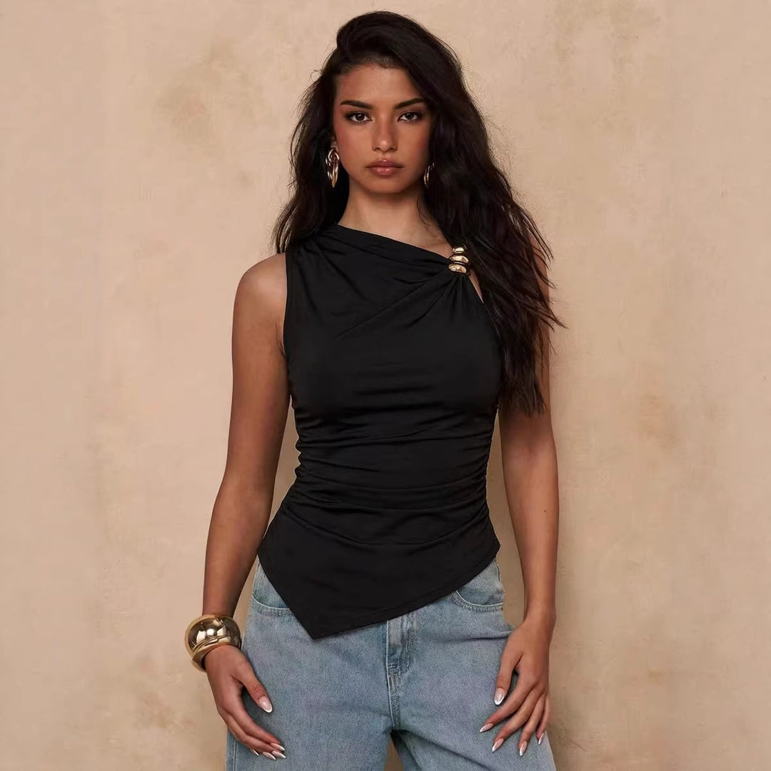Women's asymmetrical one-shoulder top with decorative rings, tailored gathering, and pointed hem Mune Fashion