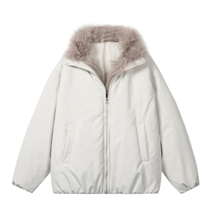 Women's short jacket in boxy cut with voluminous faux fur collar and two-way zipper Mune Fashion