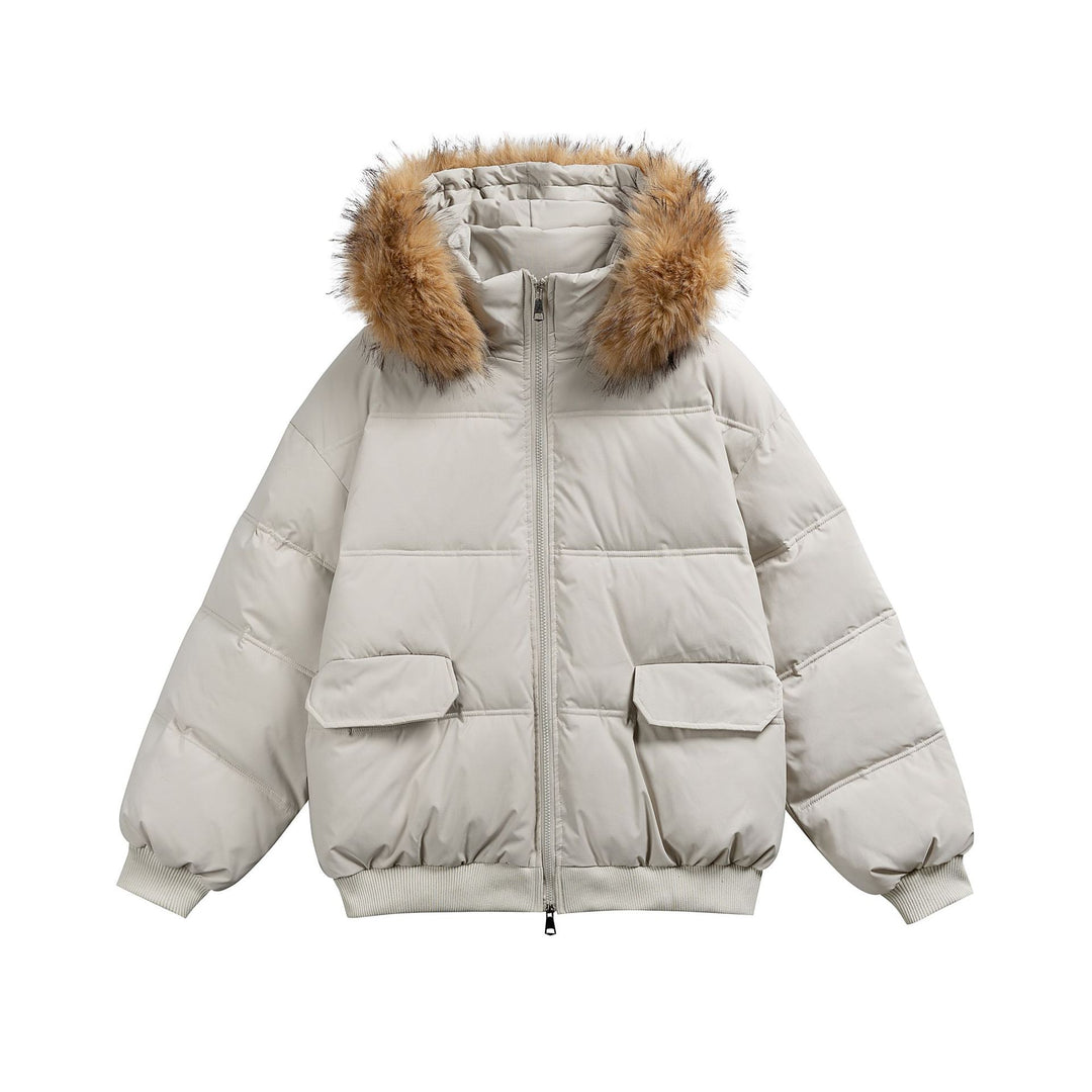 Women's Boxy Puffer Jacket with Hood and Voluminous Faux Fur Collar Mune Fashion