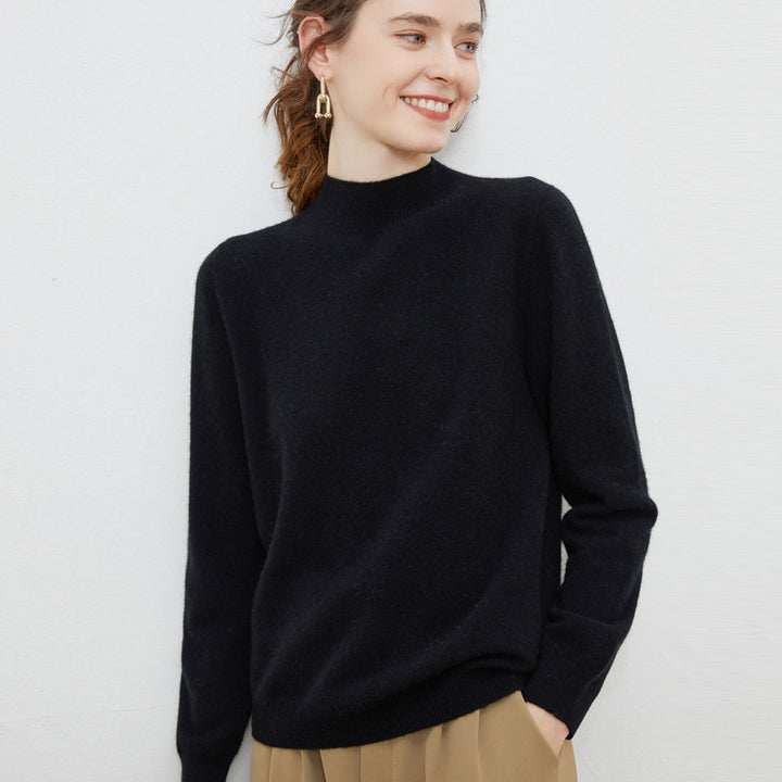 Women's soft fine-knit mock neck pullover with angora look and casual silhouette Mune Fashion