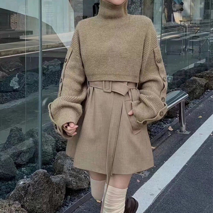 Women Short-Cut Turtleneck Bolero Wrap with Long Sleeve Buttons Mune Fashion