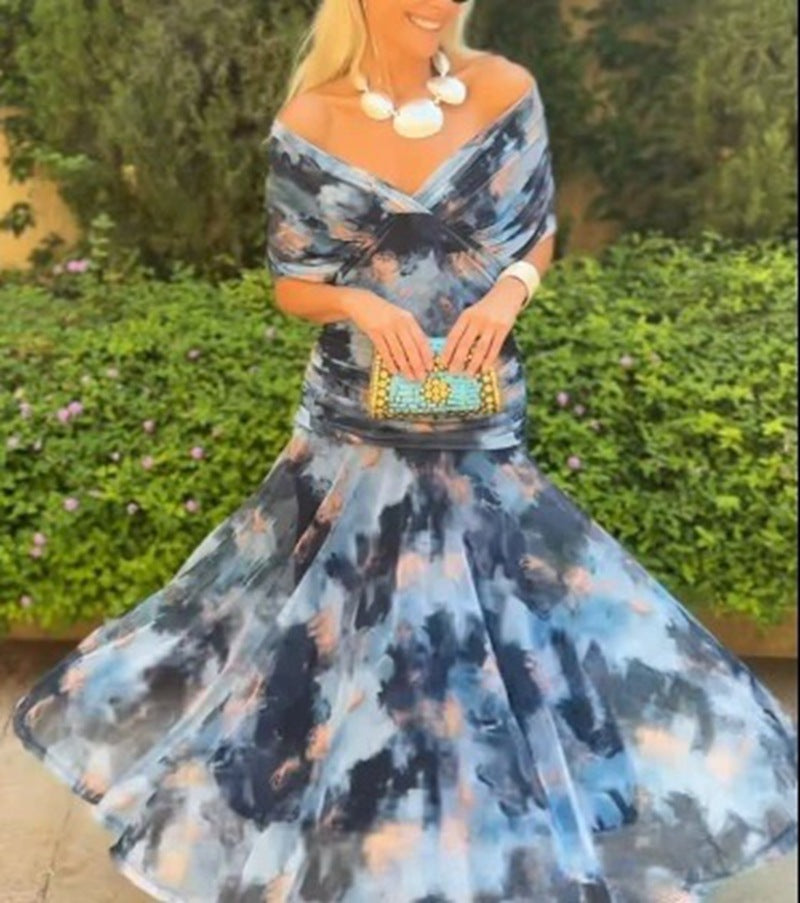 Women nan flowing evening dress with transparent chiffon capelet, V-neck and tailored draping Mune Fashion