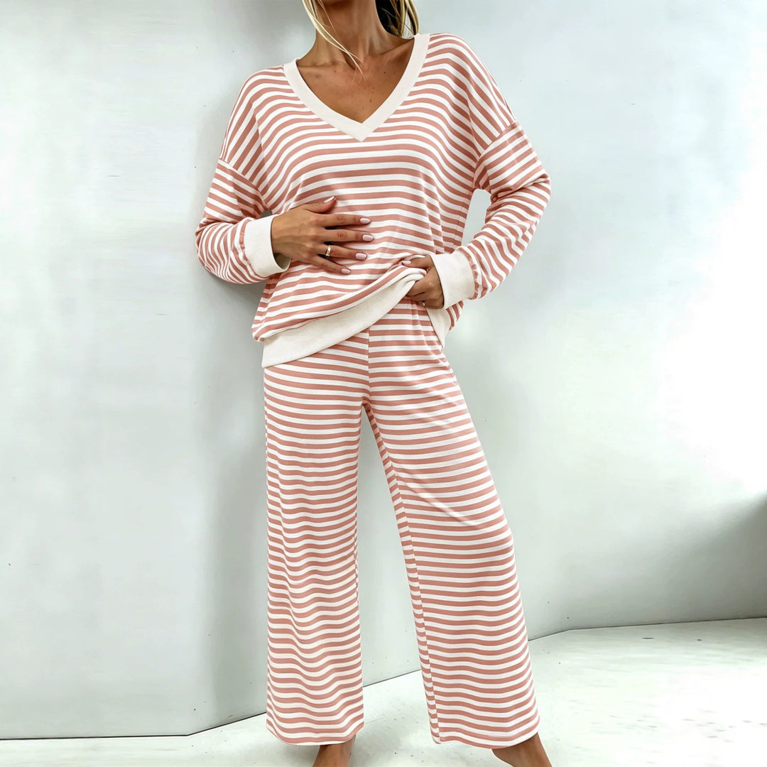 Women's Striped Lounge Set with V-Neck, Oversized Sweater and Palazzo Pants Mune Fashion