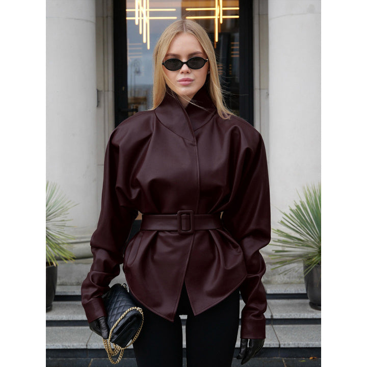 Women's leather look jacket with fitted belt and high stand-up collar Mune Fashion