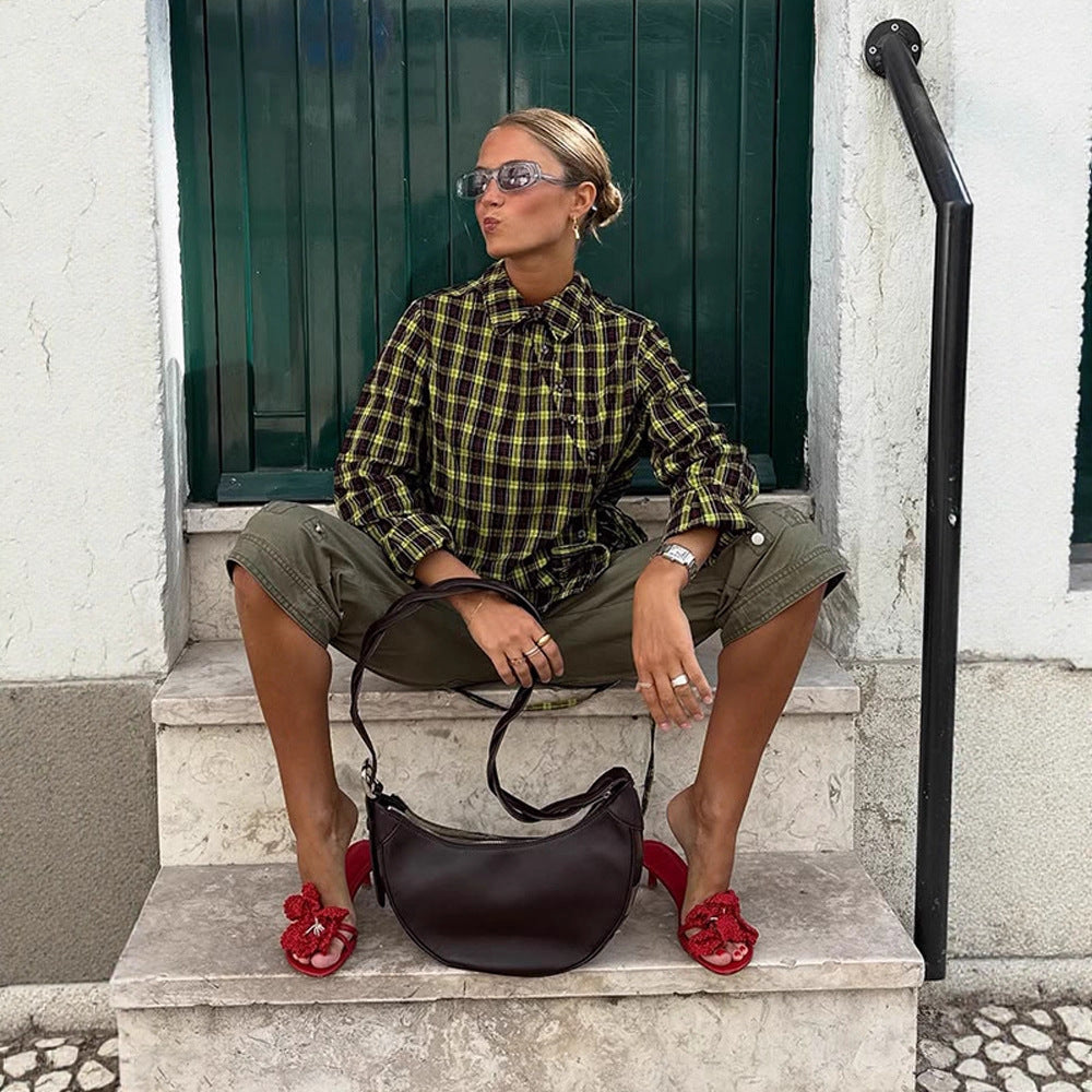Ladies Checked Shirt Blouse with Drawstring Waist and Loose Fit Mune Fashion