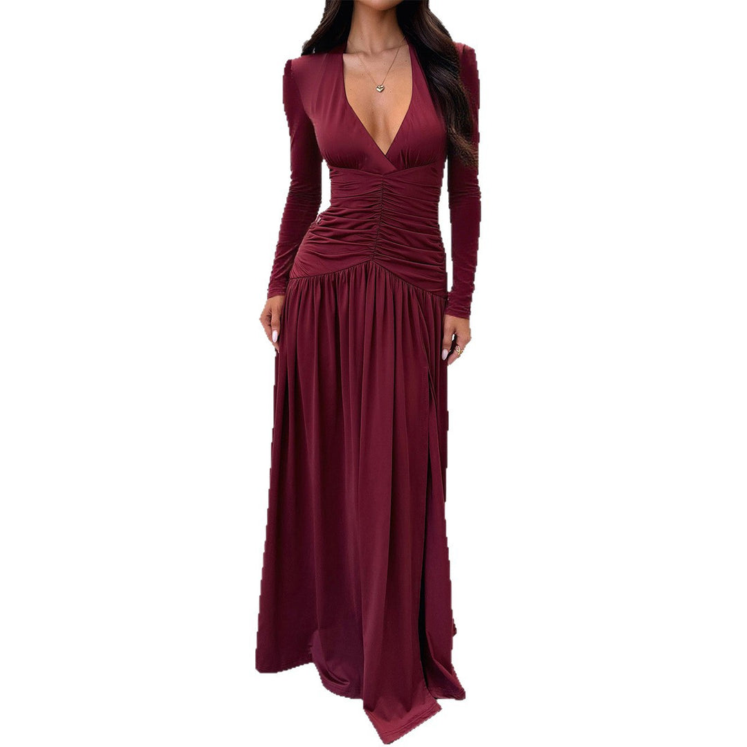 Ladies elegant evening dress with gathered wrap top, high slit and velvet sleeves Mune Fashion