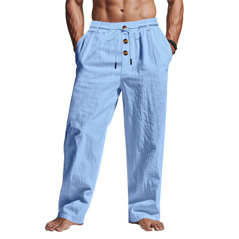 Men's casual linen relax pants with elastic tunnel drawstring waistband, cord drawstring and decorative button placket Mune Fashion