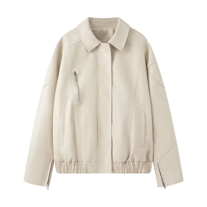 Women's Oversized Faux Leather Bomber Jacket with Elastic Hem, Concealed Snap Placket, and Asymmetric Zipper Pocket Mune Fashion