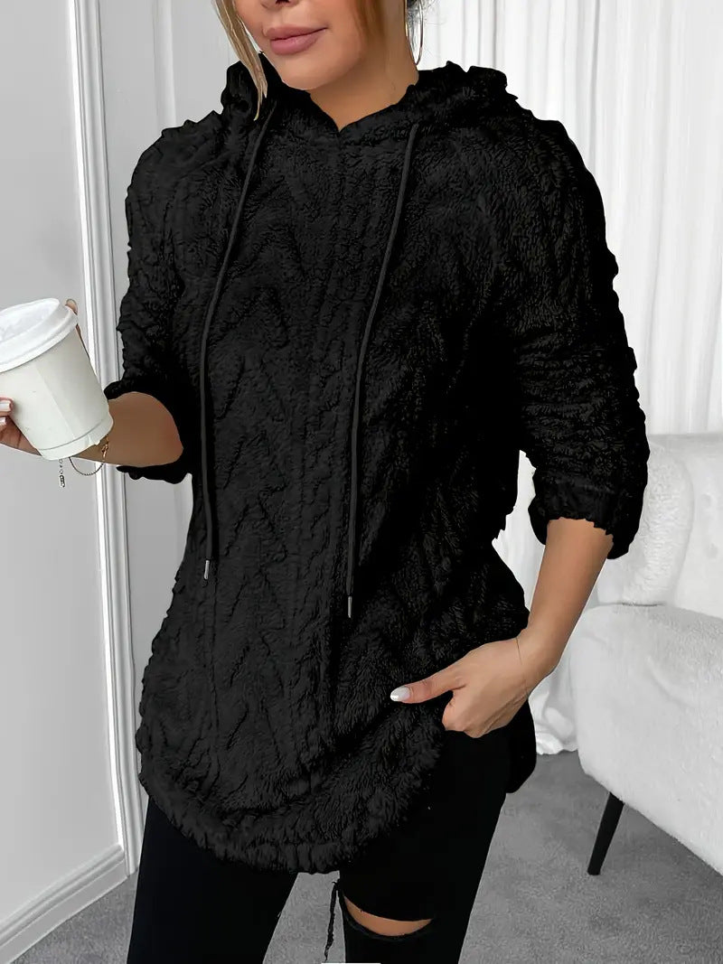Women's cozy hooded jacket made of teddy fleece with cable pattern and gathered hem Mune Fashion