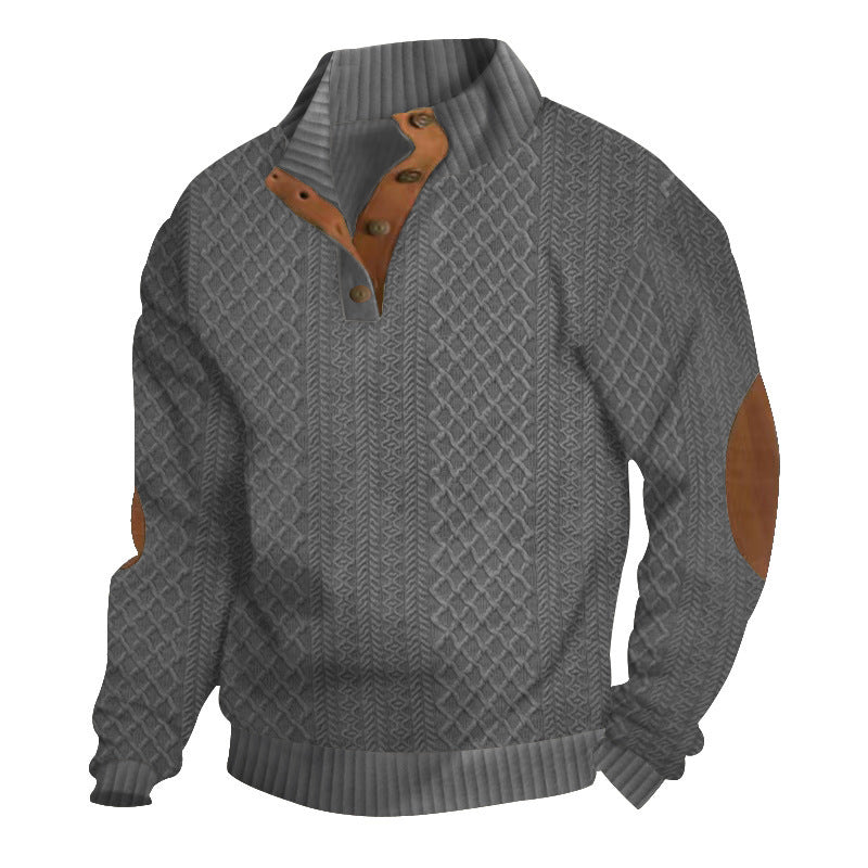 Men's Structured Cable Knit Henley Sweater with Leather Patch on Elbows & Placket Mune Fashion