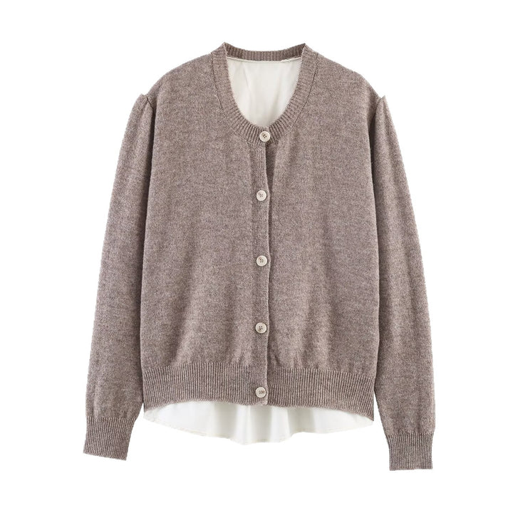 Women's Casual Cardigan with Attached Blouse Trim and V-Neck Mune Fashion
