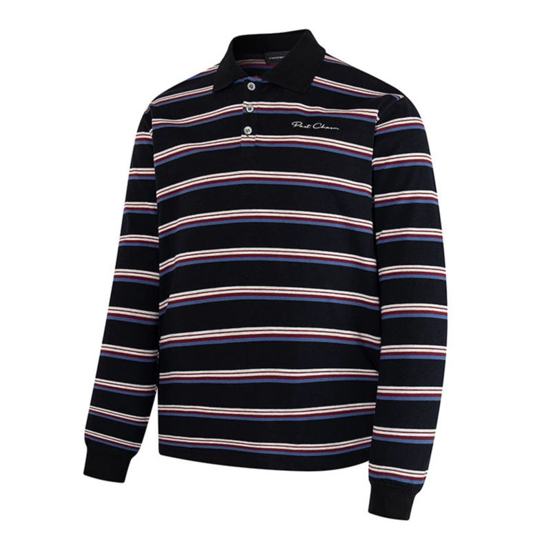 Men's Long Sleeve Polo Shirt with Retro Stripes, Ribbed Cuffs and Button Placket Mune Fashion