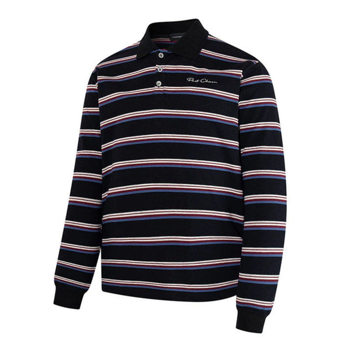 Men's Long Sleeve Polo Shirt with Retro Stripes, Ribbed Cuffs and Button Placket Mune Fashion