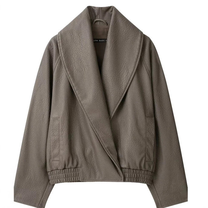 Women's Short Cut Faux Leather Bomber Jacket with Wide Shawl Collar Mune Fashion