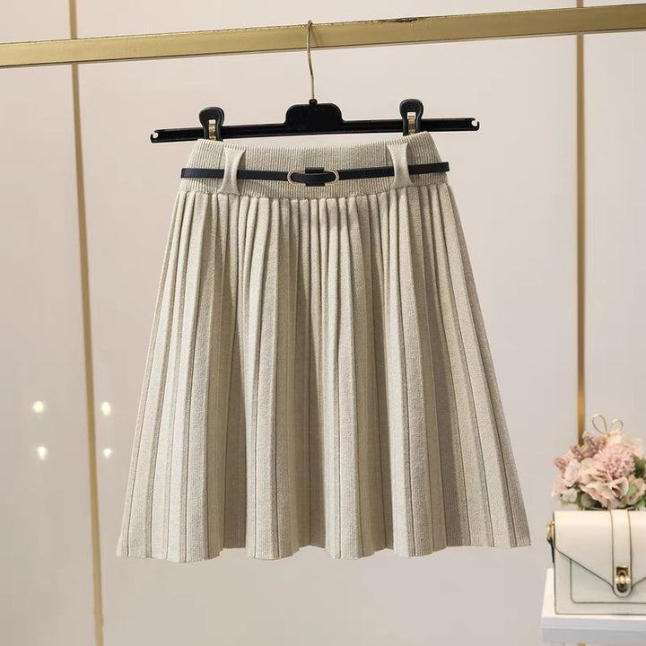 Ladies Pleated Midi Skirt with Decorative Elastic Waistband Mune Fashion