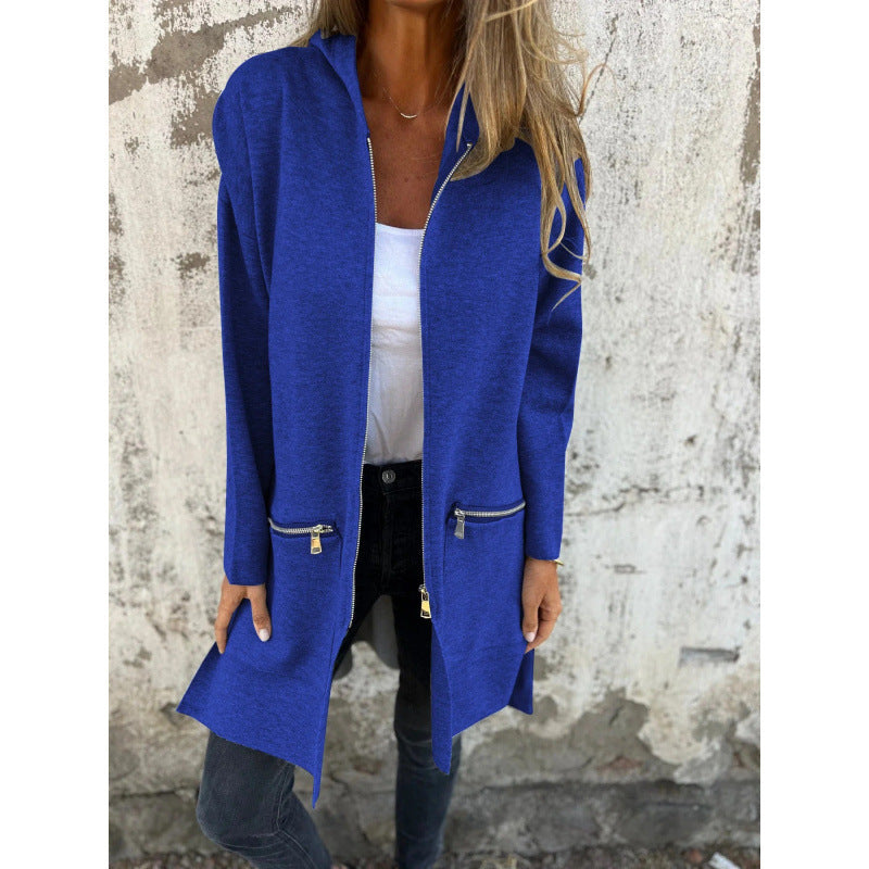 Women’s Hooded Long Cardigan with Full Zip and Decorative Pockets Mune Fashion