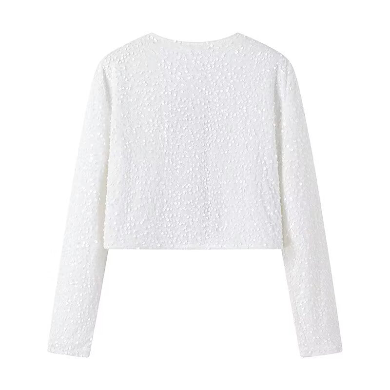 Ladies Short Sequin Jacket with Decorative Bows, Round Neckline and Long Sleeves Mune Fashion