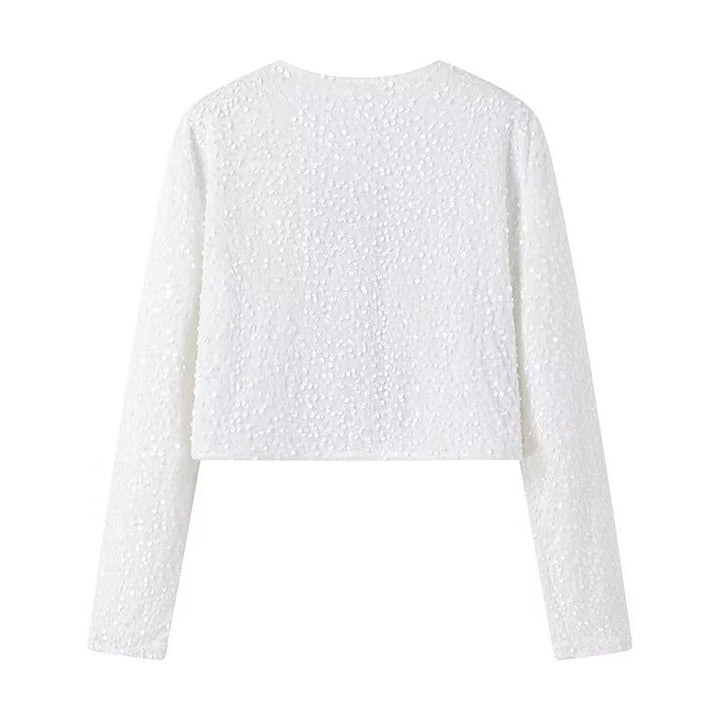 Ladies Short Sequin Jacket with Decorative Bows, Round Neckline and Long Sleeves Mune Fashion