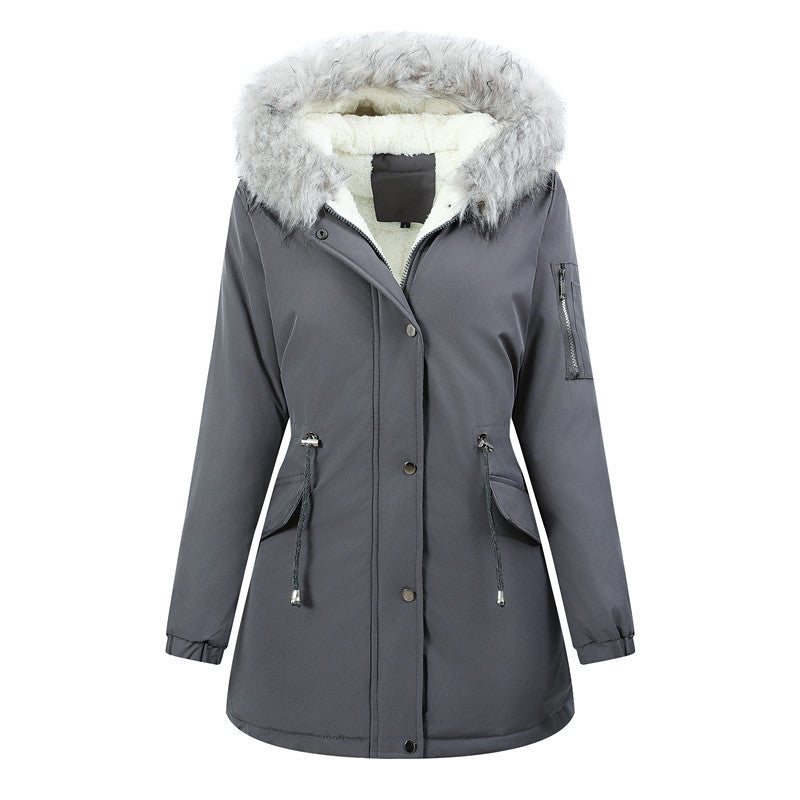 Ladies winter parka with removable faux fur hood and belted drawstring Mune Fashion