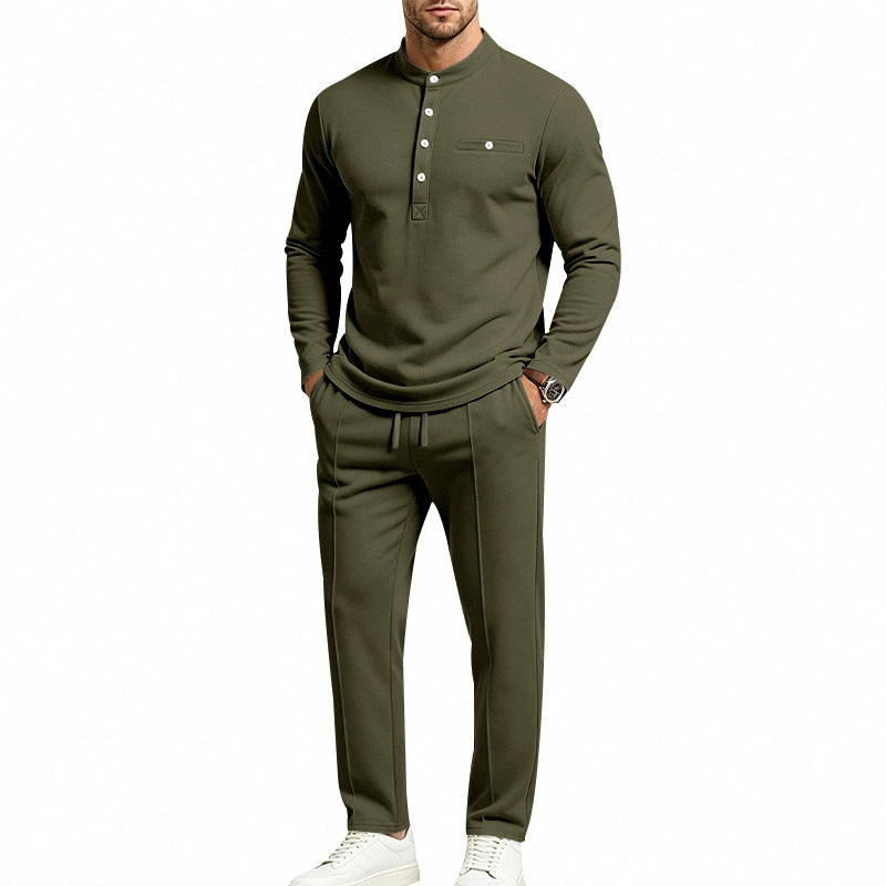 Men's Two-Piece Leisure Set with Henley Long Sleeve Shirt, Stand Collar and Comfort Jogging Pants Mune Fashion
