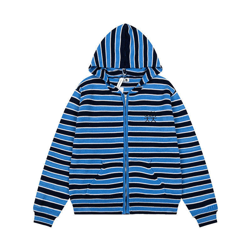 Women's Striped Hooded Cardigan with Full Zip and Pockets Mune Fashion
