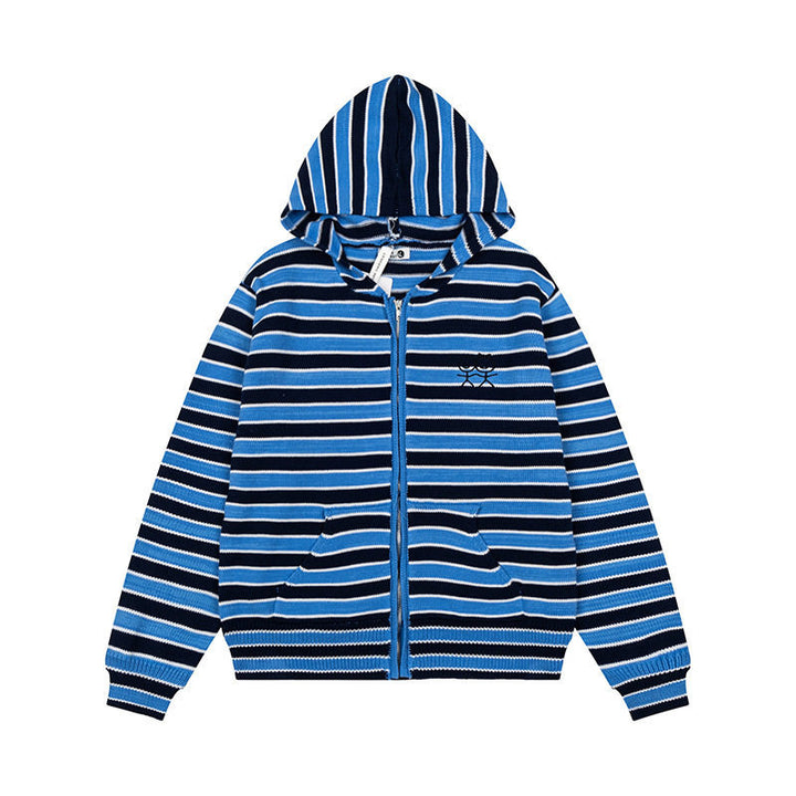 Women's Striped Hooded Cardigan with Full Zip and Pockets Mune Fashion