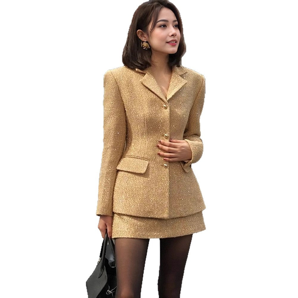 Women's Two-Piece Boucle Tweed Blazer and Mini Skirt Set with Tailored Silhouette Mune Fashion