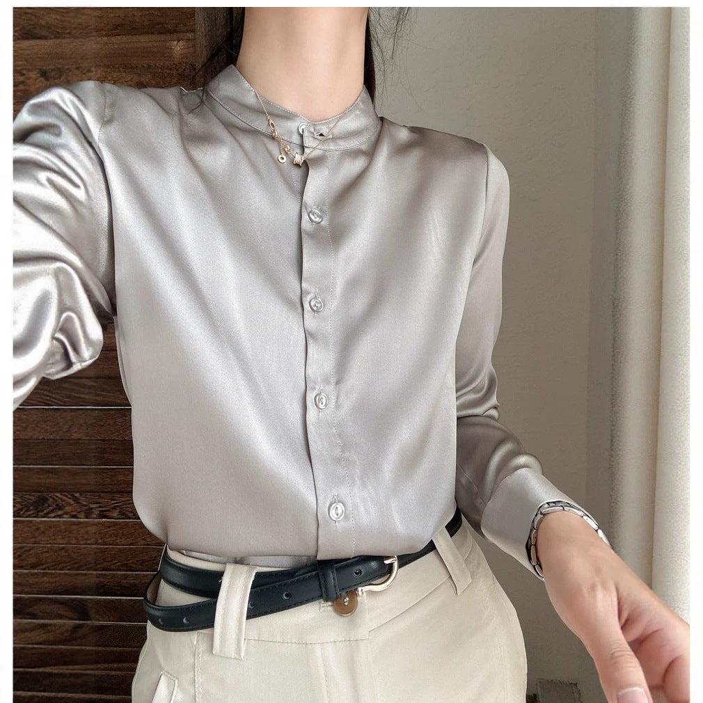 Women's Elegant Satin Blouse with Buttoned Neckline Drune