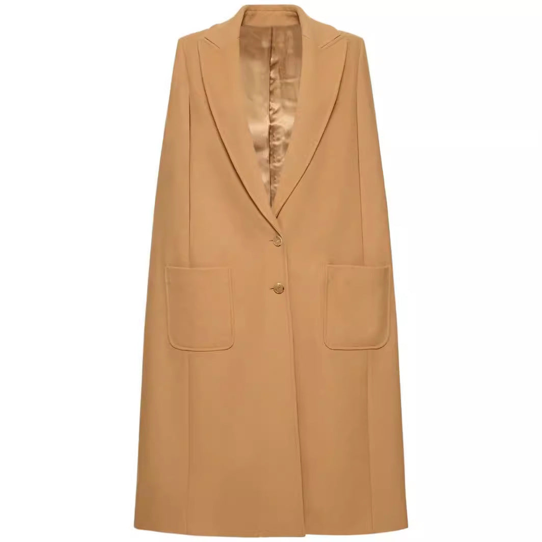 Women Cape-inspired Maxi long coat made of wool blend with narrow lapel Mune Fashion