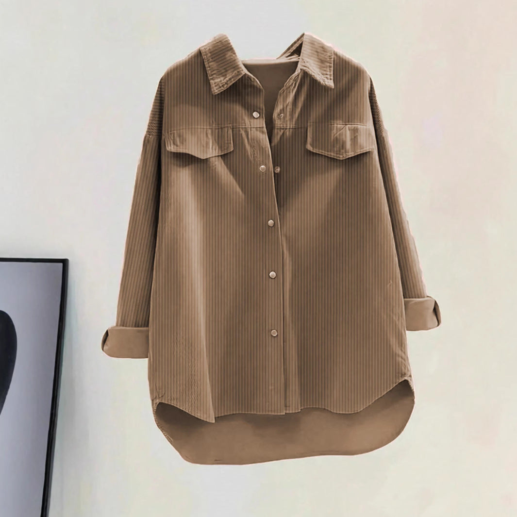 Women's Oversize Cord Shirt with Chest Pockets & Rounded Hem Mune Fashion