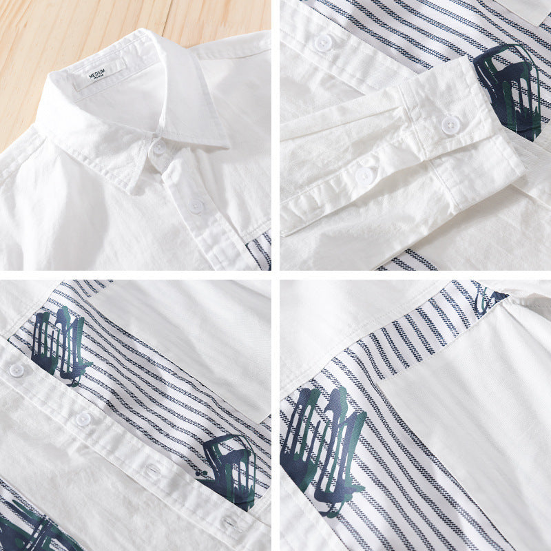Men's Casual Overshirt made of cotton poplin with striped patch inserts and brush print Mune Fashion