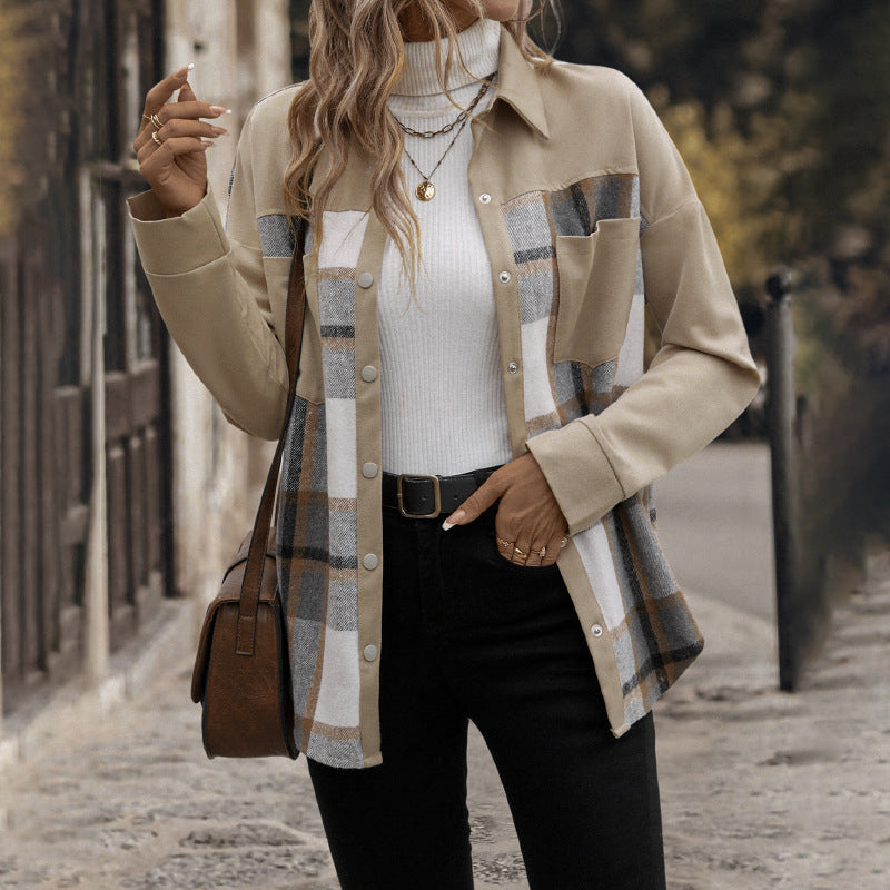 Women’s Oversized Shirt Jacket with Checked Front Panel, Snap Button Closure and Patch Chest Pockets Mune Fashion