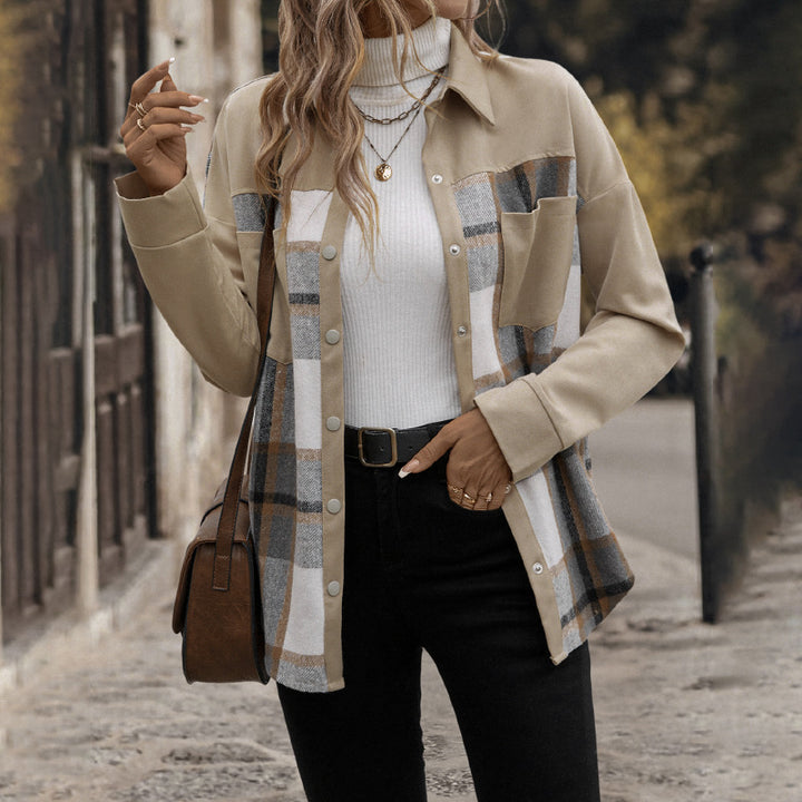 Women’s Oversized Shirt Jacket with Checked Front Panel, Snap Button Closure and Patch Chest Pockets Mune Fashion