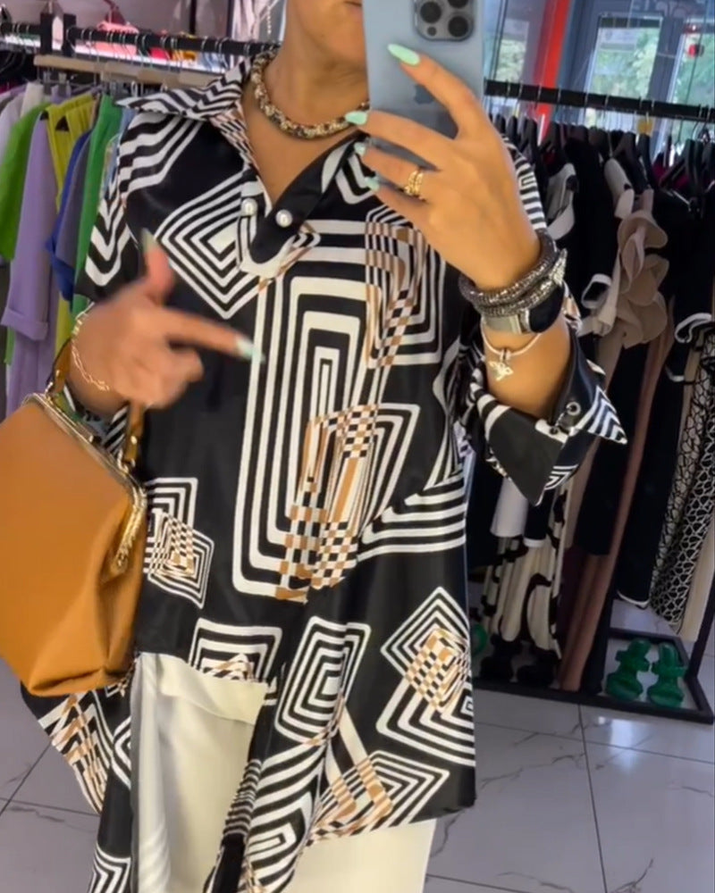 Women’s loose silk-look blouse with graphic square print, asymmetrical hem and mother-of-pearl button placket Mune Fashion