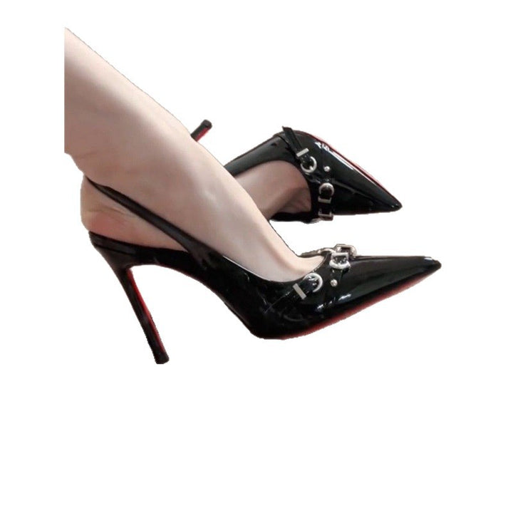Women's pointed toe patent leather slingback pumps with metal chain detail and sculpted stiletto Mune Fashion
