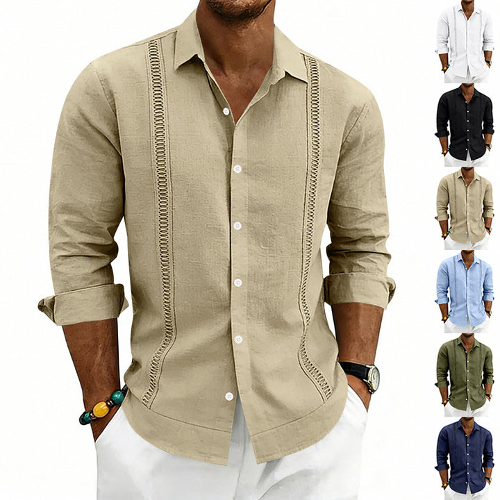 Men's casual linen shirt with Kent collar, decorative vertical stitching, and relaxed fit Mune Fashion
