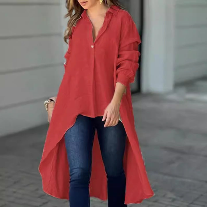 Women Lightweight Linen Tunic Blouse with Asymmetric High-Low Tail and Shirt Collar Mune Fashion