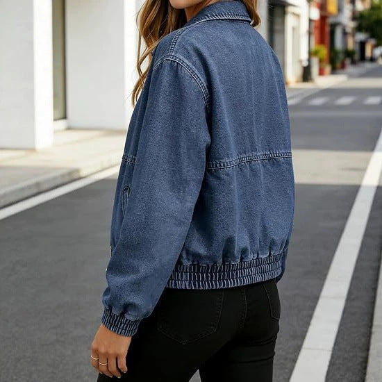 Women's jeans bomber jacket with zipper, elastic hem, and shirt collar Mune Fashion