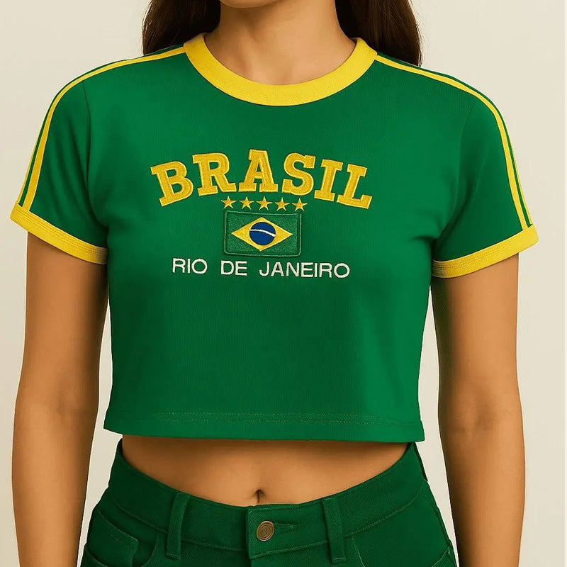 Women's short cotton crop shirt with round neck and Brazil print Mune Fashion
