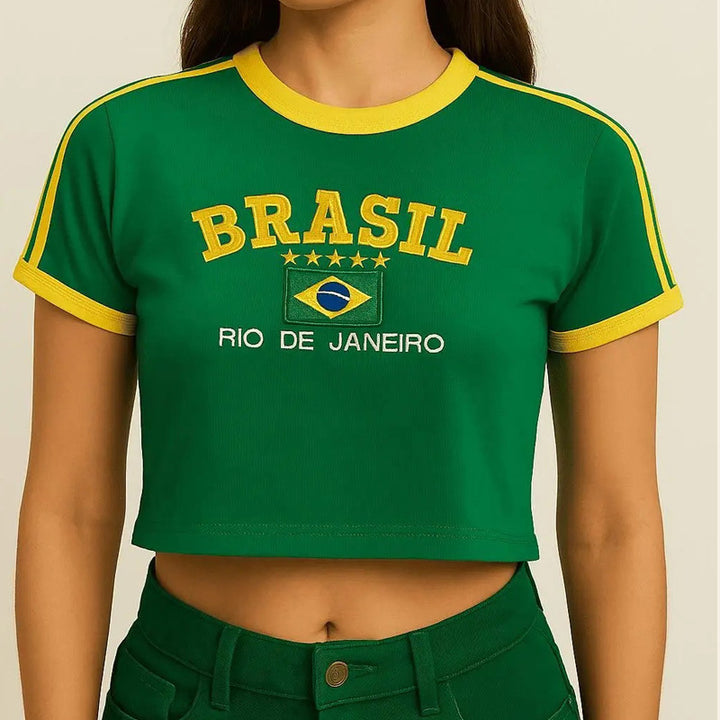 Women's short cotton crop shirt with round neck and Brazil print Mune Fashion