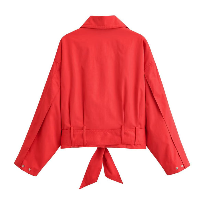 Women's Short Cut Boxy Transitional Jacket with Tying Belt and Shirt Collar Mune Fashion