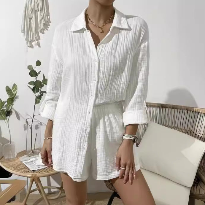 Women nan airy-light two-piece lounge set made of cotton gauze with shirt blouse and elastic waistband shorts Mune Fashion