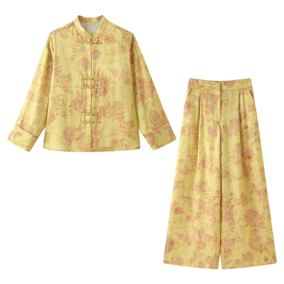 Ladies high-waisted wide palazzo pants made of brocade with floral jacquard pattern Mune Fashion