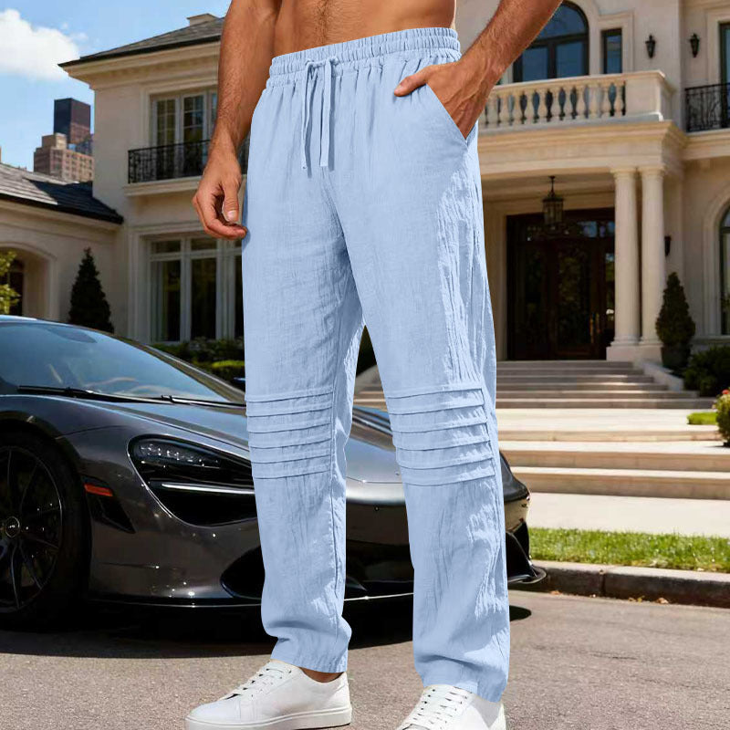 Men's Linen Look Lounge Pants with Drawstring Elastic Waistband and Quilted Knee Panels Mune Fashion