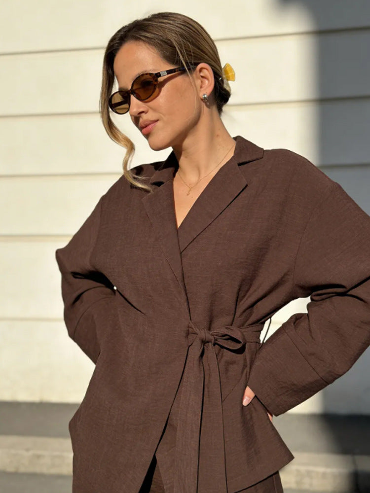Women's Wrap Blazer with Tying Belt, Casual Oversized Cut and Lapel Collar Mune Fashion