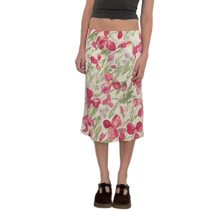 Women's flared midi skirt with floral watercolor print and high waist Mune Fashion