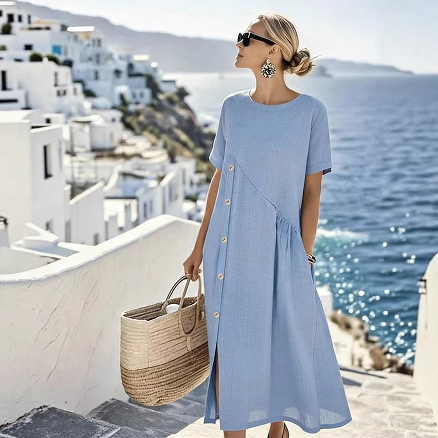 Women's Airy Summer Dress with Side Button Placket, Short Sleeves and Slit Mune Fashion