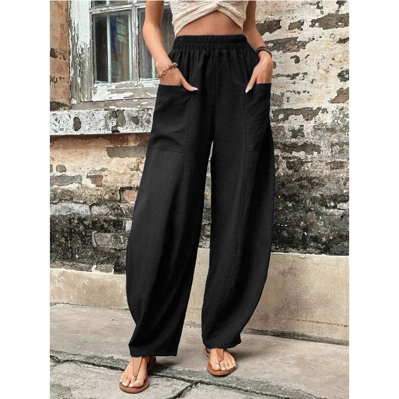 Women Wide Linen Trousers with Elastic Waistband, Patch Pockets and Casual Harem Cut Mune Fashion
