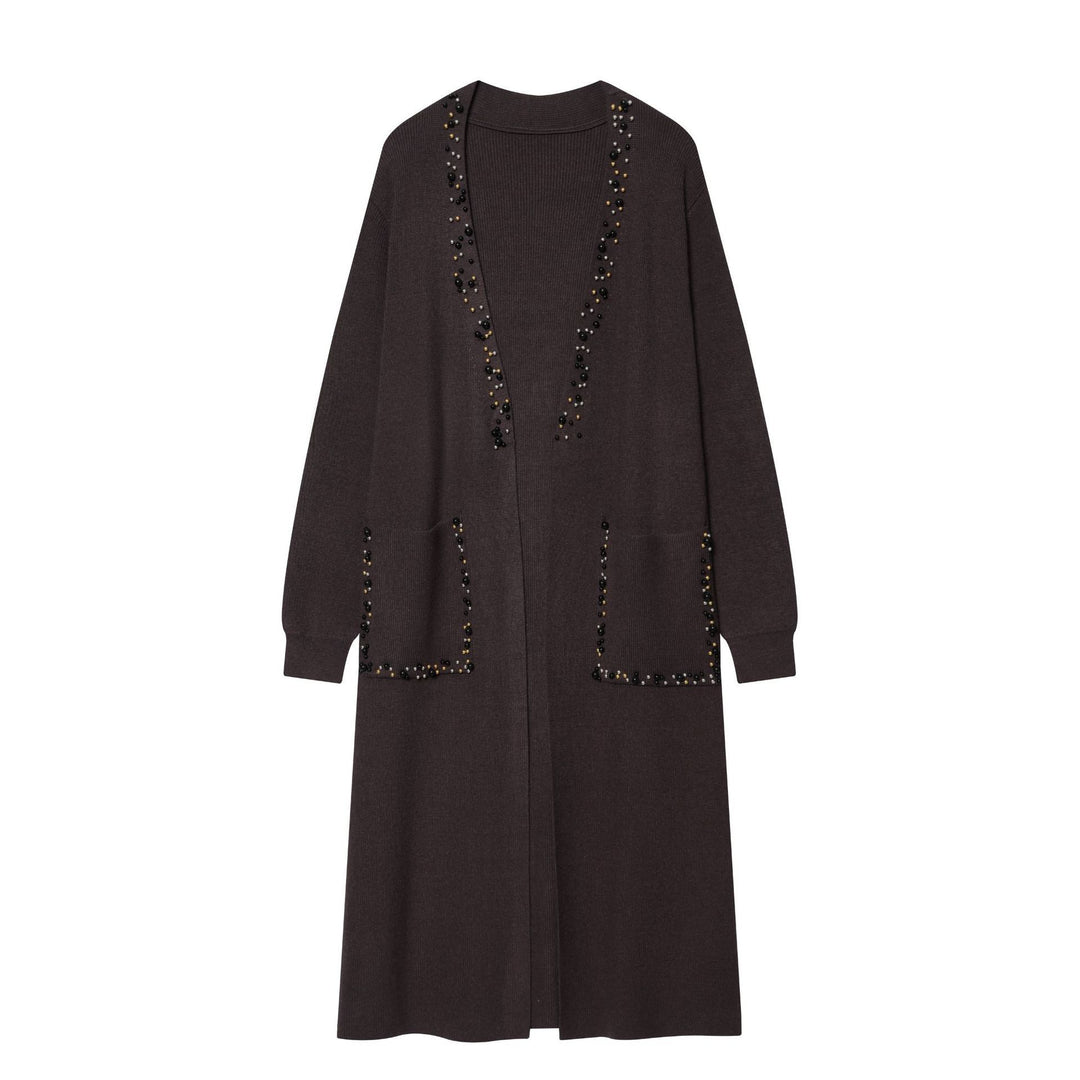 Women's long knit cardigan with bead embellishment and patch pockets Mune Fashion